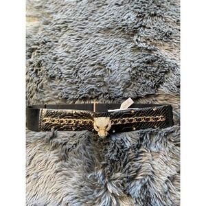 Glamorous Black Wide Elastic Belt Gold Chain Rhinestone Panther Buckle